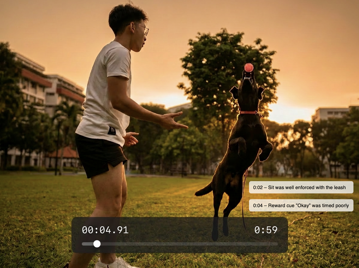 App analysing a training clip — timeline scrubber with timed feedback notes