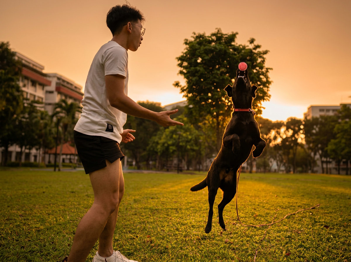 Owner training a black dog to leap for a ball at sunset
